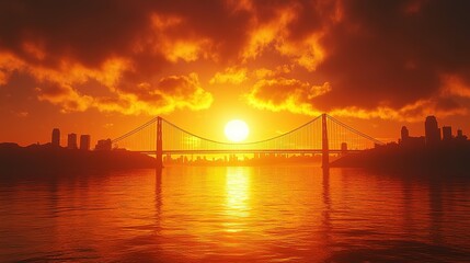Fototapeta premium Golden Sunset Over Cityscape and Suspension Bridge