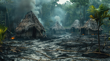 A burned out and pillaged thatch hut village in the middle of a forest.
