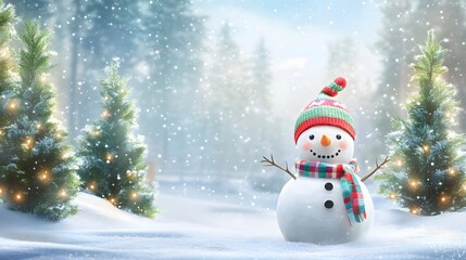 Obraz premium Festive Snowman Winter Scene With Christmas Trees
