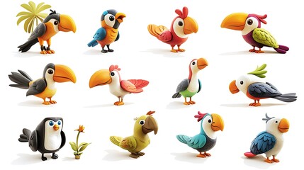 Naklejka premium Colorful Cartoon Toucans Parrots Illustration