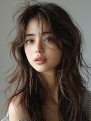 Naklejka premium Asian girl, milk tea brown hair, medium long hair, elegant style.
