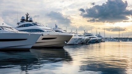 Fototapeta premium A serene marina scene featuring luxury yachts docked at sunset.