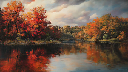 A serene lakeside view with trees in vibrant autumn hues reflecting on calm water under a soft sky. 