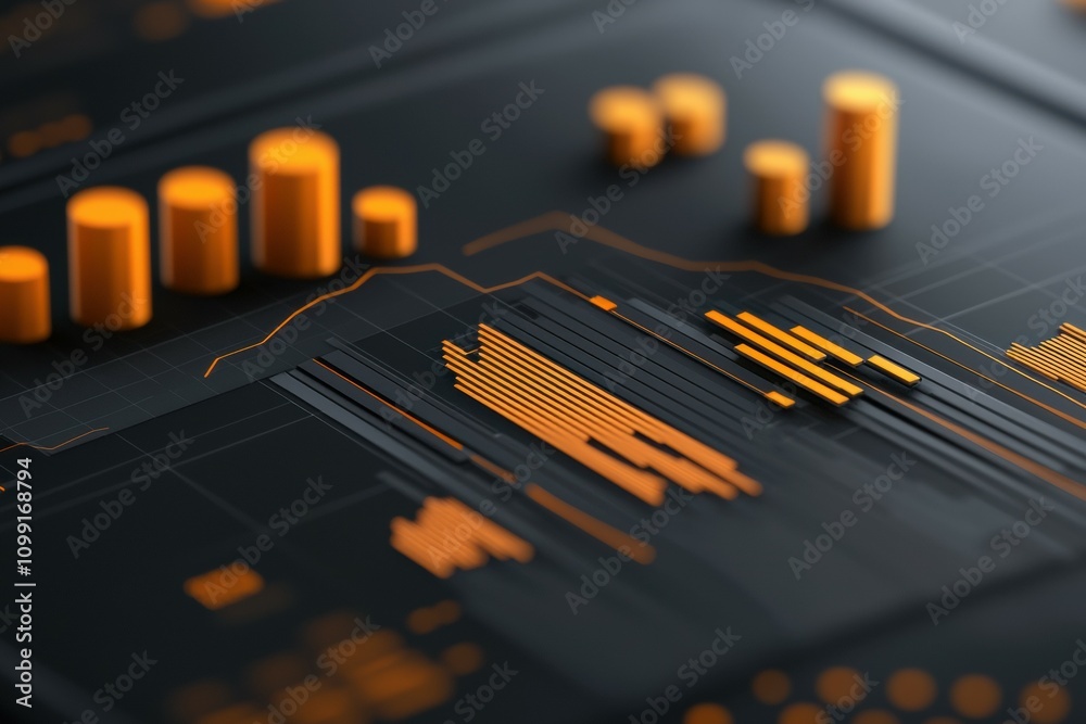 Poster modern data visualization with orange graphs and charts on dark background for analysis