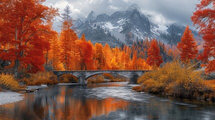 Fototapeta premium Autumn, trees in brilliant red, orange and yellow on the mountain. with a river and a rainbow bridge over it.