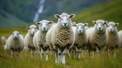 Fototapeta premium Flock of sheep in a green field. Perfect for agricultural, nature, or pastoral themes; evokes tranquility and rural life.