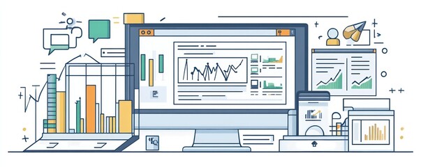 A digital workspace featuring analytics, graphs, and data visualization tools.