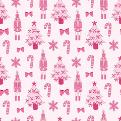 Pink Nutcracker Christmas Pattern With Candy Canes and Snowflakes