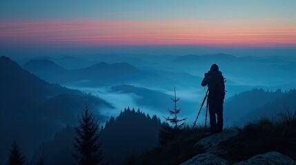 Obraz premium Photographer captures misty sunrise. Perfect for travel, adventure, and nature themes.