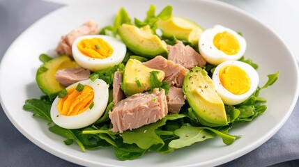Healthy salad recipe tuna avocado and egg dish kitchen food photography bright and fresh culinary inspiration