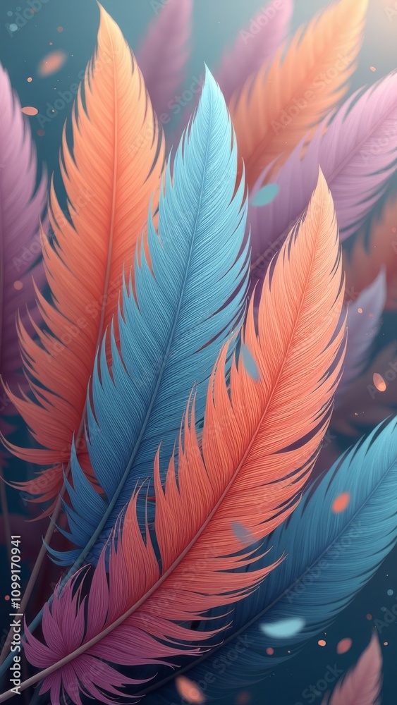 Poster A colorful array of feathers with a blue feather in the middle