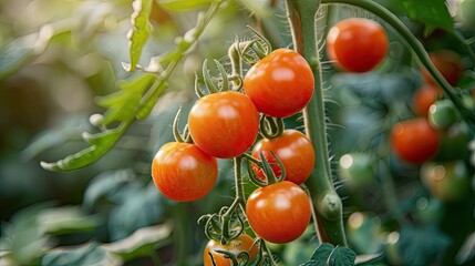 Juicy red tomatoes on the vine. Perfect for recipes, blogs, or promoting healthy eating.