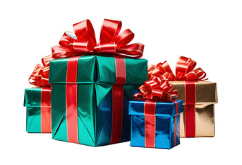 Obraz premium Pile of Wrapped Christmas Gifts with Bows, Transparent PNG