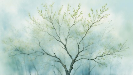 Watercolor illustration of a tree with light green leaves.