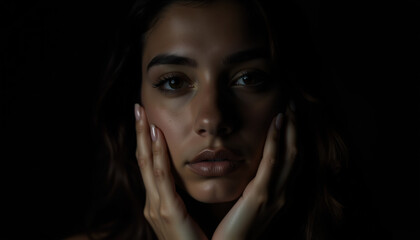 Fototapeta premium Expressive Portrait of a Young Woman with Hands Framing Her Face, Captured in Dramatic Low-Key Lighting and Deep Shadows