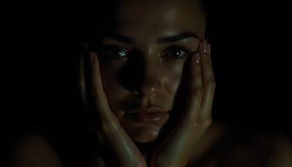 Fototapeta premium Expressive Portrait of a Young Woman with Hands Framing Her Face, Captured in Dramatic Low-Key Lighting and Deep Shadows