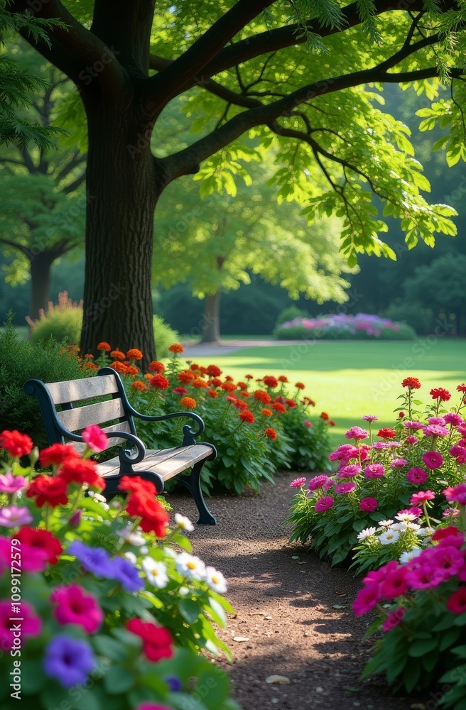 Poster a park with a bench under a tree and flowers in the background