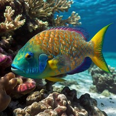 Close-up of a parrotfish grazing