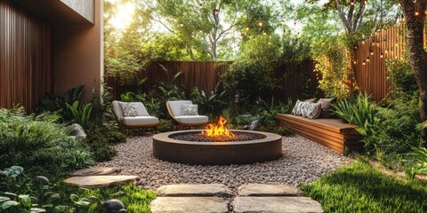 Serene backyard patio with fire pit, lounge chairs, and string lights.