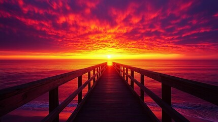 Obraz premium Fiery Sunrise Over Ocean Pier Wooden Pathway