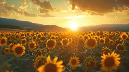 Fototapeta premium Sunflowers at sunset in a field. Perfect for summer, nature, or happy themes; evokes warmth and joy.