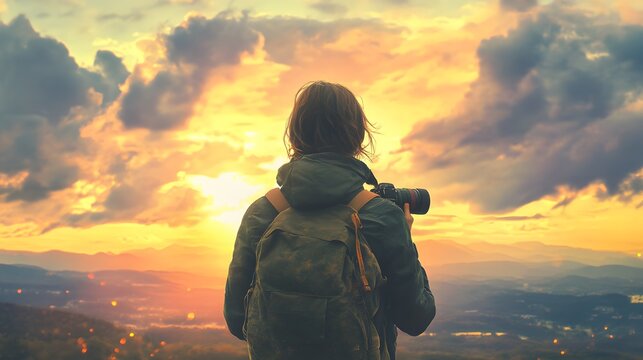 A person gazing at the horizon with a camera around their neck symbolizing the start of a journey filled with exploration