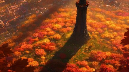 Aerial view of a vibrant landscape with colorful autumn foliage and a towering structure.