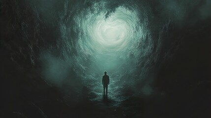 Fototapeta premium A solitary figure stands at the entrance of a dark cave, a swirling vortex of teal hues leading to a distant light. A journey of introspection and hope.
