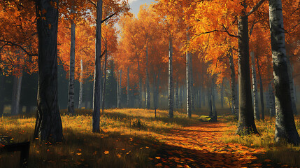 Fototapeta premium A tranquil forest with tall trees showcasing bright orange leaves, creating a warm and inviting autumn atmosphere. 