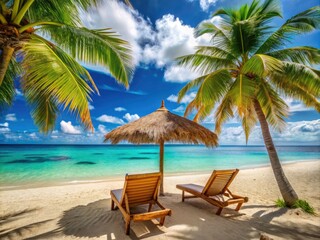 Idyllic Caribbean Palm Beach with Wooden Chairs and Straw Umbrella, Tropical Paradise, Relaxing Getaway, Sun-Kissed Shoreline, Serenity, Vacation Vibes, Exotic Landscape, Coastal Retreat