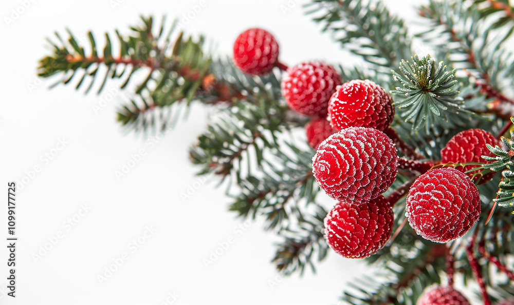 Poster a branch of red berries with white snow on them. the snow on the berries gives the image a festive a