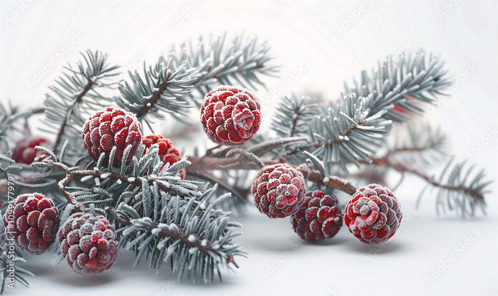 Poster a branch of evergreen trees covered in snow and red berries. the snow is covering the branches and t