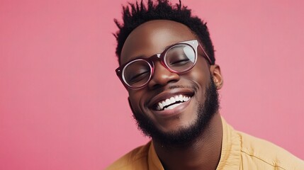 Smiling African American Man in Glasses Against Pink Background