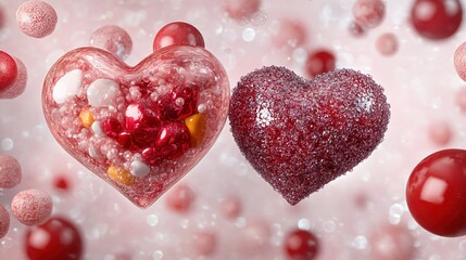 Fototapeta premium Stunning Visualization of Heart-Shaped Structures Representing Love and Emotion Surrounded by Colorful Particles, Capturing the Essence of Affection and Connection in a Vibrant Scene