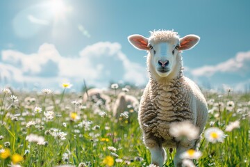 Obraz premium Adorable lamb in a daisy field. Perfect for spring, Easter, or agriculture themes.