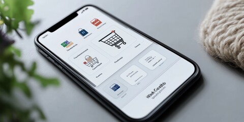 Fototapeta premium A smartphone displaying a shopping app interface with various features.