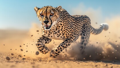 Obraz premium Cheetah running fast in the desert landscape.