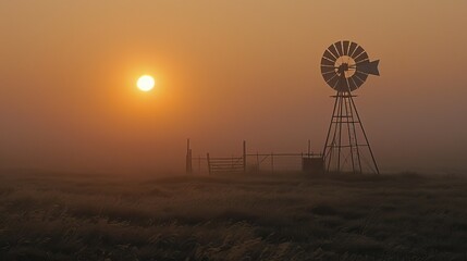 Sunrise over misty field with windmill. Perfect for illustrating rural, agriculture, or nostalgic themes.