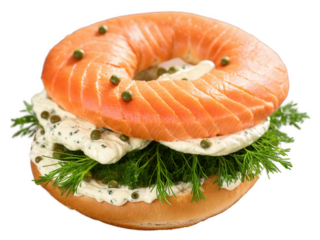 Smoked Salmon Bagel with cream cheese, capers, and fresh dill, vibrant pink, green, and white tones,
