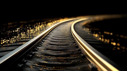 Fototapeta premium Curved Train Track Glowing with Reflections of Light Against a Dark Background, Capturing the Beauty of Rail Transportation in an Artistic Perspective