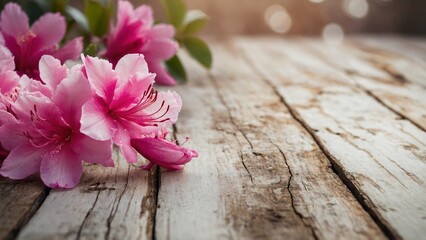 Rustic white wash wood board mockup surface with pink azalea flowers flat lay and bokeh background