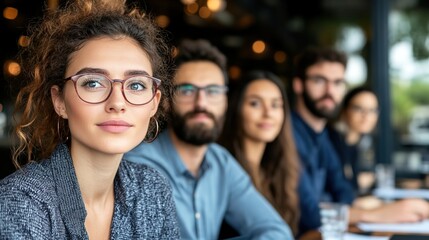Fototapeta premium Young Diverse Professionals Engaging in Meeting with Modern Aesthetic Atmosphere in a Stylish Café with Warm Lighting