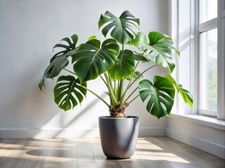 Obraz premium Monstera Deliciosa Plant Photography: Stylish Gray Pot, White Background, Light Interior