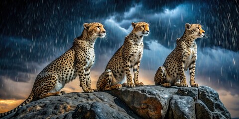 Obraz premium Night Photography of Three Cheetahs in Rain, Majestic Wildlife Among Rocks, Captivating Nature Scene, Acinonyx Jubatus, Dramatic Atmosphere, Animal Behavior, Conservation Focus