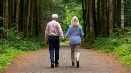Fototapeta premium Couple enjoying a peaceful walk in nature serene forest path lifestyle photography vibrant greenery romantic viewpoint togetherness concept