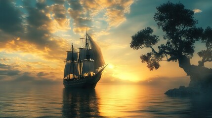 Obraz premium Majestic Sailboat at Sunset: A Serene Seascape