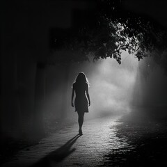 Silhouette of a Woman Walking Alone on a Foggy Night Path
