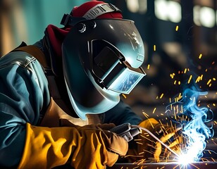 Welder skillfully performs welding operation with sparks flying around