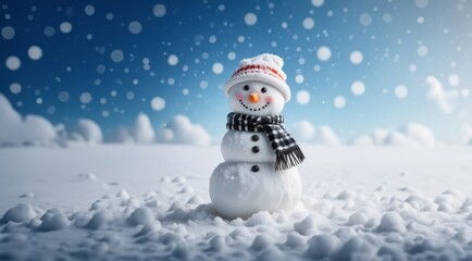 Obraz premium Snowman in the Snow Landscape. Christmas greeting card. Happy Snowman. Snowman for Christmas and New Year. winter snowy forest. Winter holidays. Christmas theme. Christmas banner.