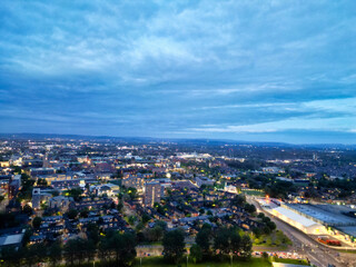 Obraz premium Aerial View of Buildings at Greater Manchester Central City, Northwest of England, United Kingdom. Aerial View Footage Was Captured with Drone's Camera on May 4th, 2024 During Sunset Time.